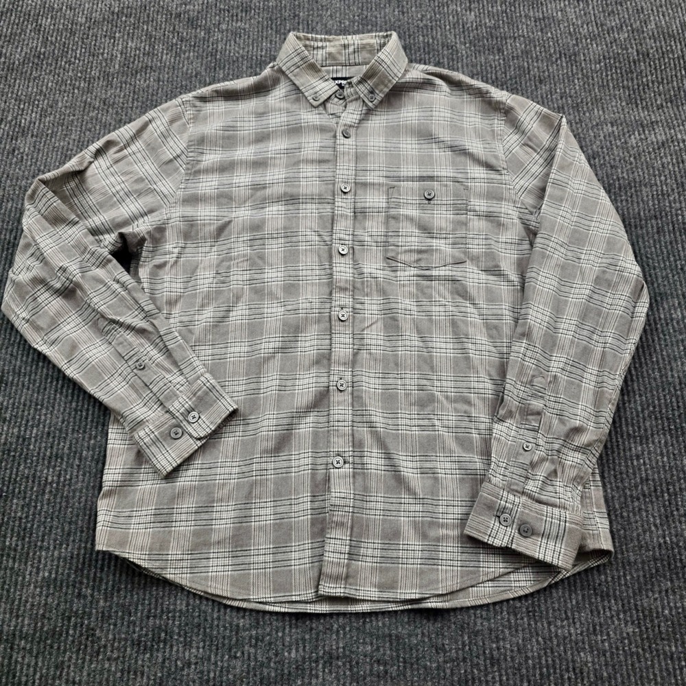 Express Plaid Button Down Mens L Cotton Stretch Slim Grey Modern Casual Shirt